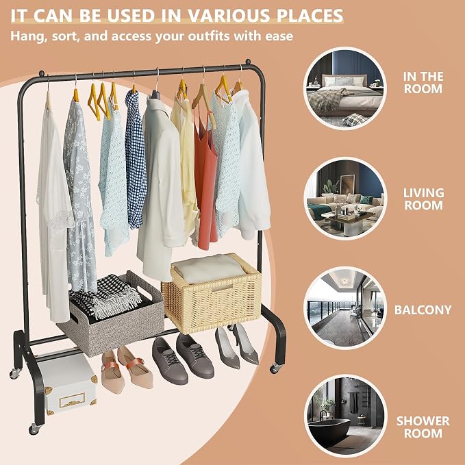 JIUYOTREE Metal Clothing Rack with Wheels, 43.3 Inches Rolling Clothes Garment Coat Rack with Bottom Shelf, Clothing Rack for Hanging Clothes, Coats, Skirts, Shirts, Sweaters, Black