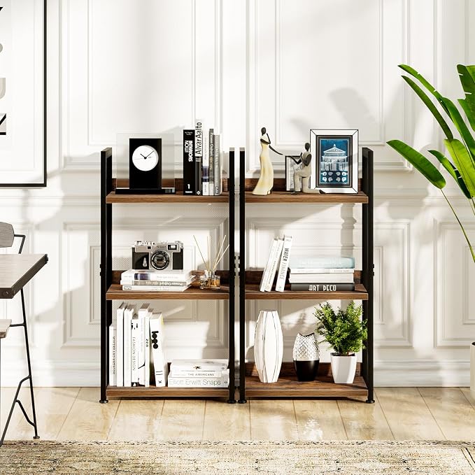 NUMENN Narrow Bookshelf, 3 Tier Freestanding Shelving Unit, Vintage | Small Book Shelf for Small Spaces, Metal Frame & Wood Shelves, Falling Prevention Baffle, Bookcase for Bedroom&Home Office