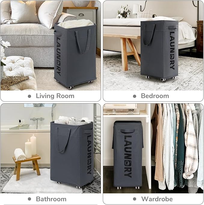 CHICVITA 75L Large Rolling Laundry Basket with Wheels & Wash Bag, Grey | Collapsible design saves space for corner dorms. Removable wash bag for easy laundry transport