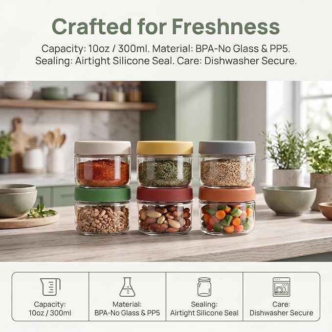 EONJOE 10 oz Small Glass Containers with Lids, Food Storage Jars, 6pk | Perfect for Chia Pudding Jam Snacks Yogurt Overnight Oats Candy ,Dishwasher safe,Airtight