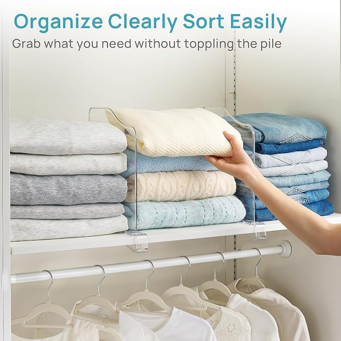 Vtopmart 12" Extra Tall x 12" Deep Shelf Dividers for Closet Organization, 12 Pack Clear Closet Organizers for Deep Shelves, Maximizing Vertical Space for Sweaters, Jeans and Clothes Storage