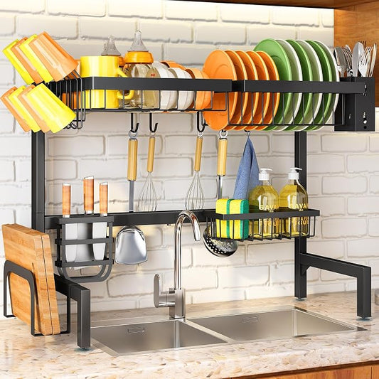 SNTD Over The Sink Large Dish Drying Rack, Metal, 26.8"-34.6", Black | Adjustable Length, Rust-Resistant, Utensil Holder, Cup Holder, Cutting Board Holder, Knife Holder, Sponge Holder and Hooks