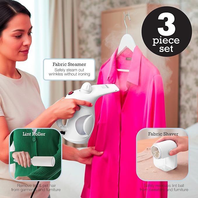 Inspired Living Fabric Care Kit – 3-Piece Fabric & Garment Care Set with Handheld Steamer, Lint Roller & Fabric Shaver – Portable Wrinkle Remover & Clothes Defuzzer