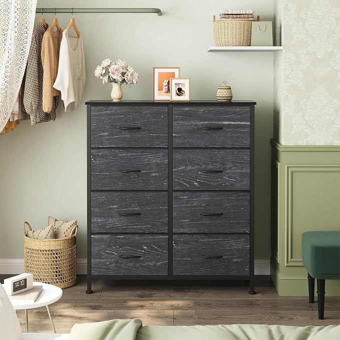 OLIXIS 8 Drawer Storage Dresser for Bedroom, Closet Organizers Units | Fabric Dresser with Wooden Top, Chest of Drawers Clothes Storage, Tower Cabinet, TV Stand Furniture, Black Wood Grain
