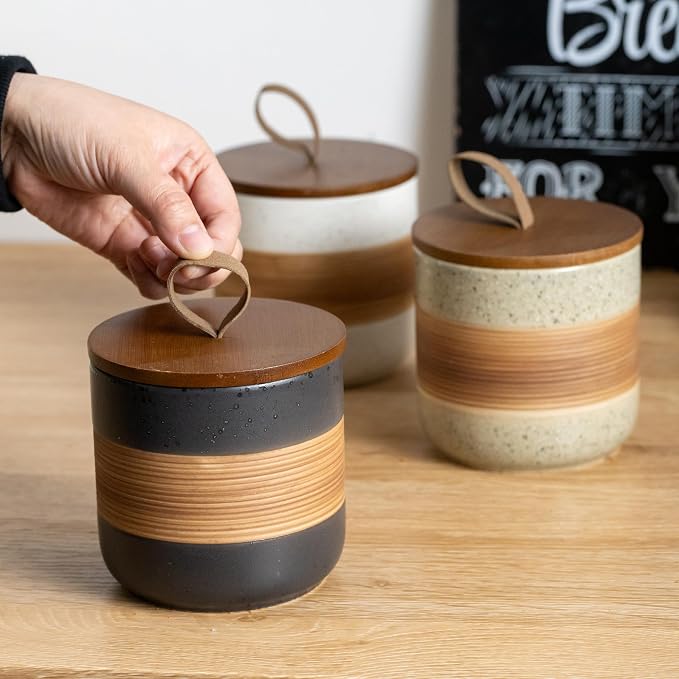 Miamolo Ceramic Jar with Lid, Coffee Container Kitchen Food Storage Jars for Spice Sugar Tea Bag, Stackable Decorative Jars for Countertop, Black & 18 fl.oz