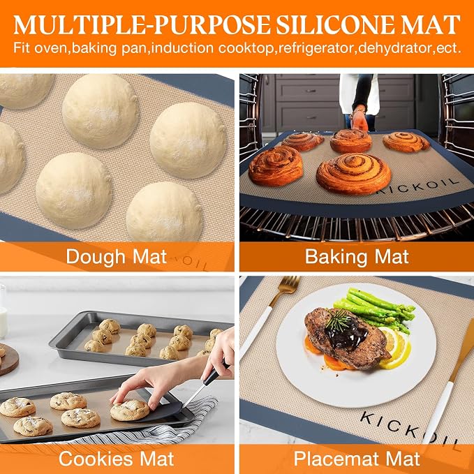 Silicone Baking Mats Set of 3, Non-Stick Reusable BPA-Free Oven Liners,100% Food-Grade Silicone Baking Sheets for Cookies, Macarons, Bread and Pastry,16.5'' x 11.6''(2 Half)&11.6' x 8,5''(1 Quarter)