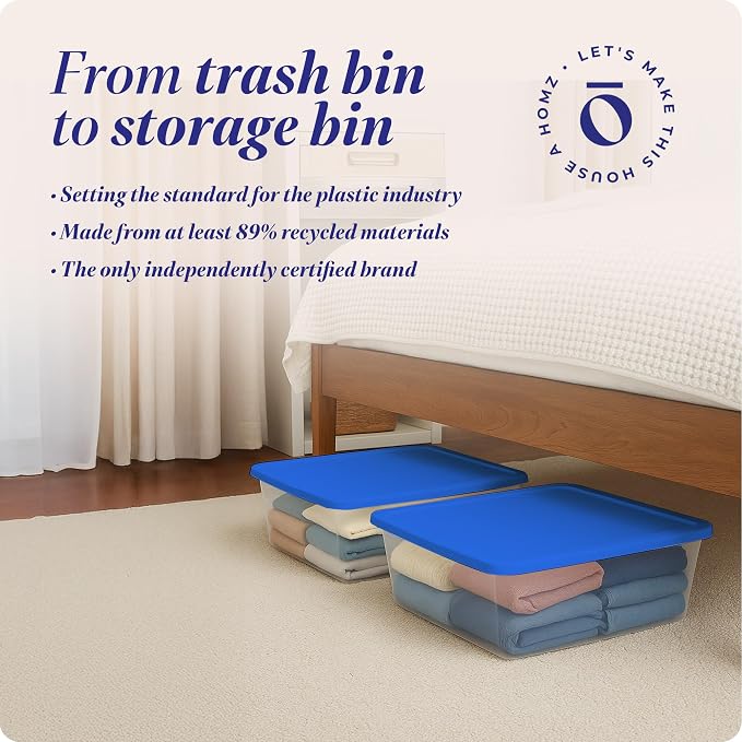 HOMZ Snaplock Clear Plastic Bin 12 Quart/3 Gallon | Storage Tote with Secure Lid | for Home, Office, Garage, Dorm Room Organizer | Stackable & Nestable | Blue Lid, Pack of 4