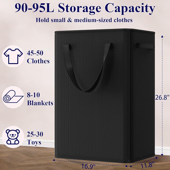 Optish 90L Slim Laundry Hamper, Large Laundry Basket With Handles, Black Narrow Laundry Basket for Dorm, Bedroom, Living Room, Collapsible Laundry Hamper