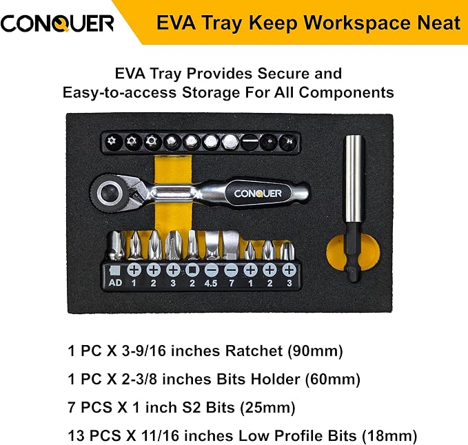 CONQUER 22pc Mini Ratchet Screwdriver Set, 1/4" Right Angle Phillips Kit | 72-tooth gear, 5° swing, 48 ft-lbs torque, Cr-V/S2 steel, spin disk, quick-release bits, EVA tray, EDC tight-space tool