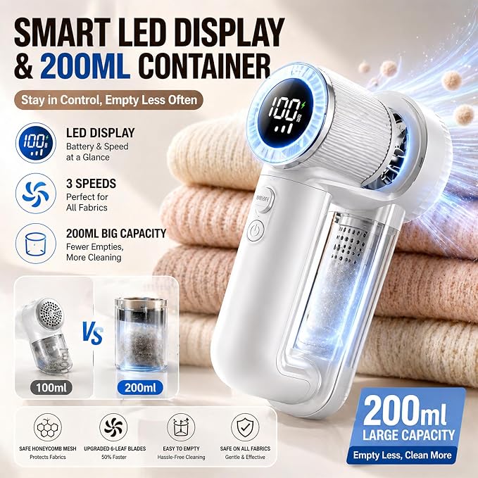 Rechargeable Fabric Shaver Lint Remover, 2-in-1 6-Blade Lint Shaver for Clothes Sweater Furniture, 3-Speed, LED Display, 2000mAh USB-C, 200ml Container, Removes Fuzz & Pilling