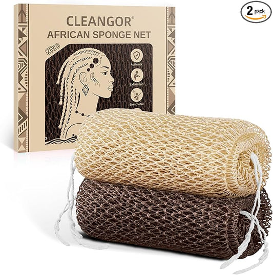 Cleangor 2Pcs African Net Sponge Authentic with Knots - Exfoliating Body | Scrubber for All Skin Types, African Bath Sponge, Wash Cloth, Gentle Exfoliation Shower Rag for Women Daily Use