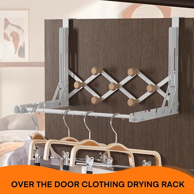 FYY Over the Door Drying Rack, Foldable with 7 Hooks for Laundry Bathroom | Heavy Duty Metal, Adjustable Width, Hanging Towels Clothes, Space-Saving for Dorm Bedroom, Fits Doors up to 1.65"