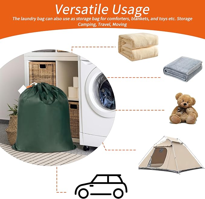 Extra Heavy-Duty Laundry Bag with Handles, Green, 21x24” | Medium Size, Name ID Tag, Machine Washable, Reinforced Handles, Drawstring Closure, For College Dorm Travel