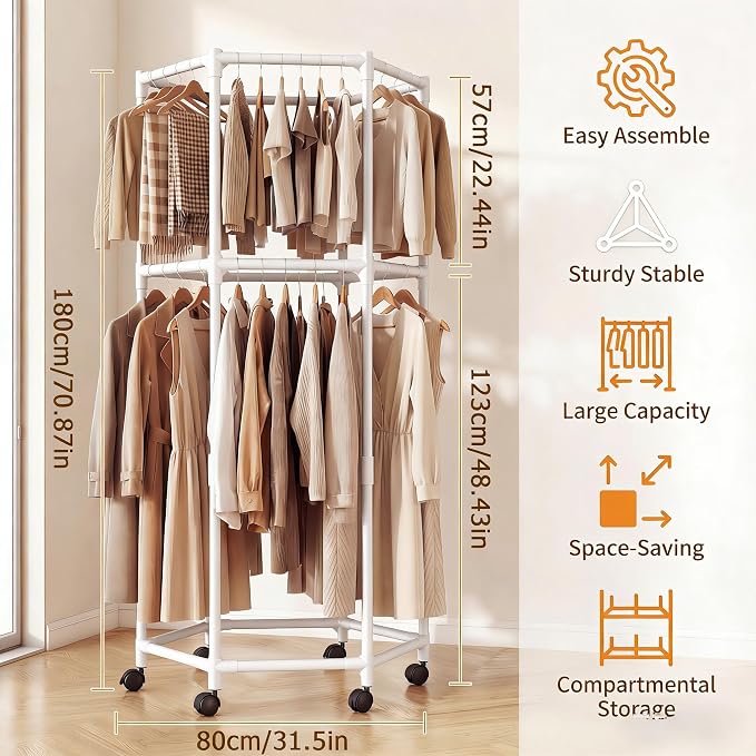 360° Rotating Hexagonal Clothes Hanger With Wheels, Space-Saving Freestanding Floor With Double Layer Hanging Bars, Multi-Compartment Floor-Standing Clothes Rack (Regular-White)