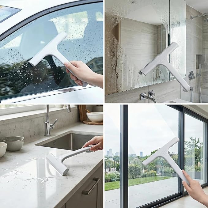 Silicone Shower Squeegee - All-in-One Design with Built-in Hook, 10 Inch Streak-Free Bathroom and car Cleaner for Glass Doors, Mirrors, Windows, Tiles Grey