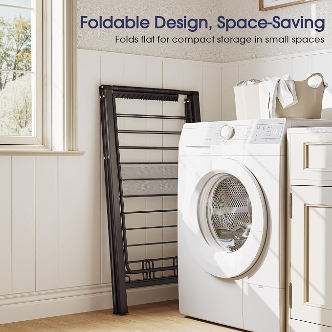 APEXCHASER Clothes Drying Rack, 67.7" L Height Adjustable, Foldable, Black | 1.5"Folded, No Assembly, Space-Saving, Spacious Design, Adjustable Wings, Clips, Mesh Shelf, Shoe Rack, Indoor & Outdoor Use