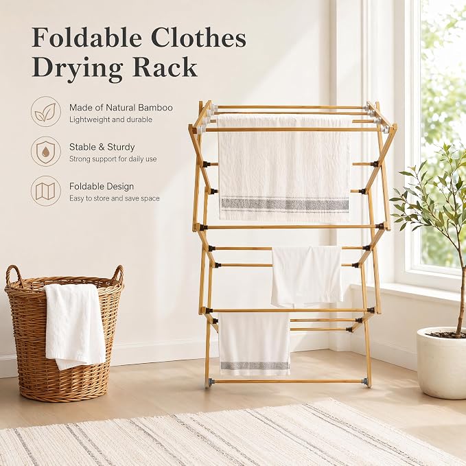 Foldable&Dismountable 3-Tier Bamboo Clothes Drying Rack, Multi-Tier Collapsible Laundry Hanger, Space Saving Garment Stand for Indoor Outdoor Balcony Bathroom. (Original, 28" D X 15" W X 39.3" H)