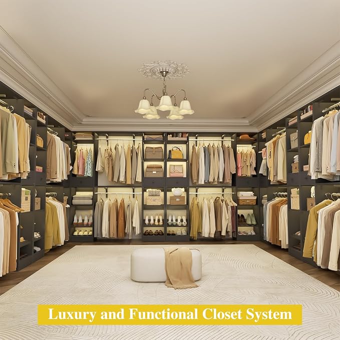 Unikito 10-15FT Closet Systems, Large Wood Walk in Closet Organizer with Hanging Rods and Drawers, Heavy Duty Closets Wardrobe with Shoe Racks, Sturdy Reversible Clothes Closet Kit, Black, Set of 2
