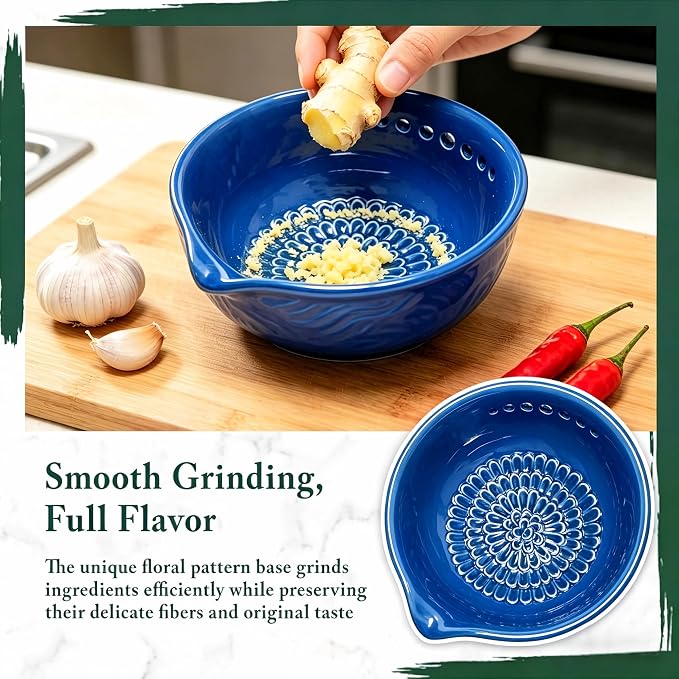 Ceramic Grater Bowl with Herb Stripper, Garlic Ginger Grinder | 3-in-1 Kitchen Tool | Upgraded Grinding Texture | 7 Herb Stripping Holes | Easy Clean | Dishwasher Safe | Blue