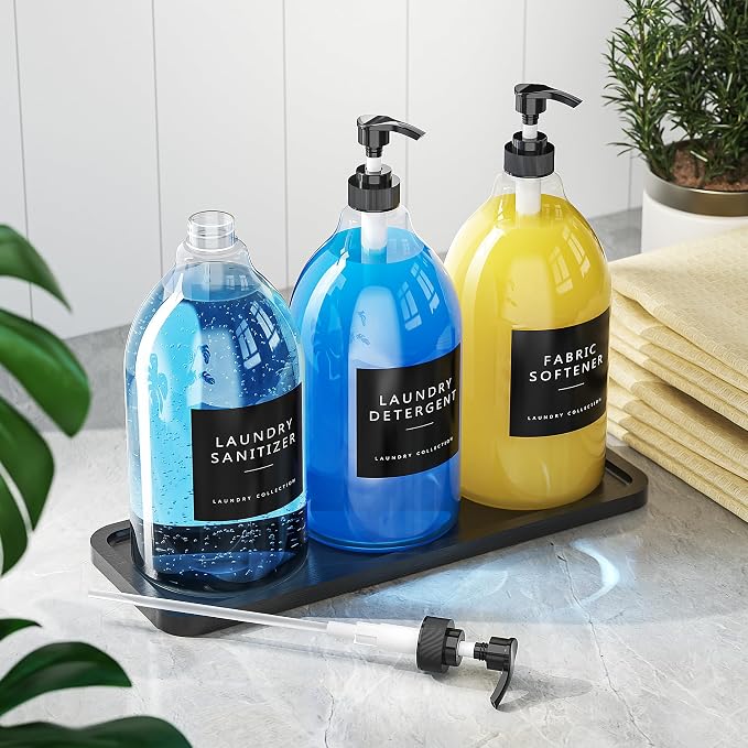 Moforoco 3 Pack Black Liquid Laundry Detergent Dispenser with Bamboo Tray, 64 Oz Plastic Laundry Soap Dispenser, Fabric Softener Dispenser with Pump and Labels for Laundry Room Decor and Organization