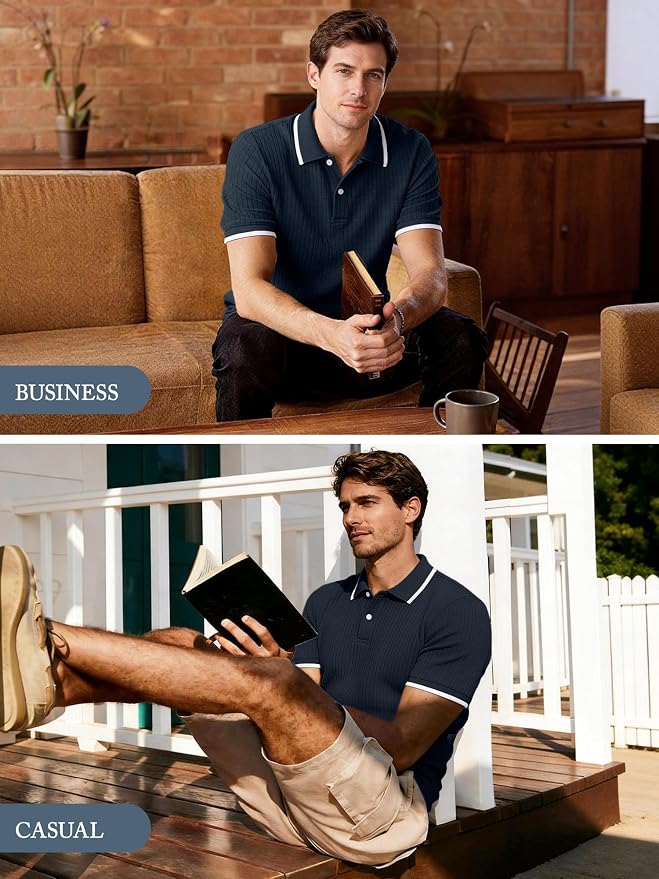 Comdecevis Men's Regular Fit Short Sleeve Knit Polo Shirts | Business casual, lightweight, breathable, stretch textured fabric, moisture wicking, easy care