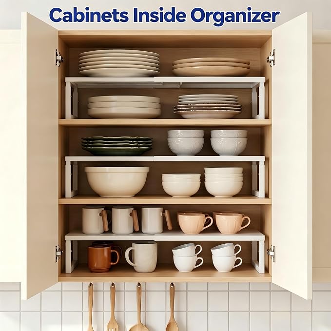 2 Packs Expandable Cabinet Shelf Organizer, Stackable Kitchen Countertop Storage Shelves, Heavy Duty Adjustable Pantry Organizer Rack for Cabinet, Cupboard, Under Sink & Spice Storage