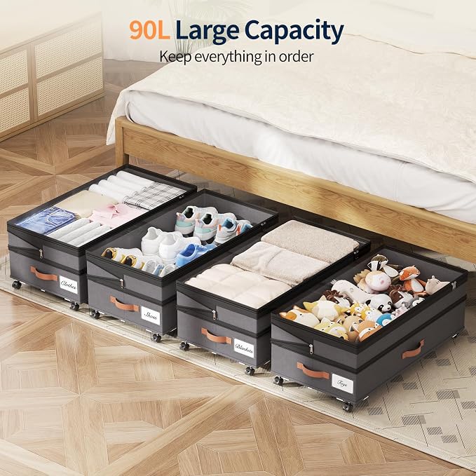 Yecaye 90L Under Bed Storage with Wheels, 8 in-11 in Height Adjustable Under Bed Storage Containers, Under Bed Shoe Storage with Lids & Label, Rolling Underbed Storage bins for Clothes, Toys, Grey