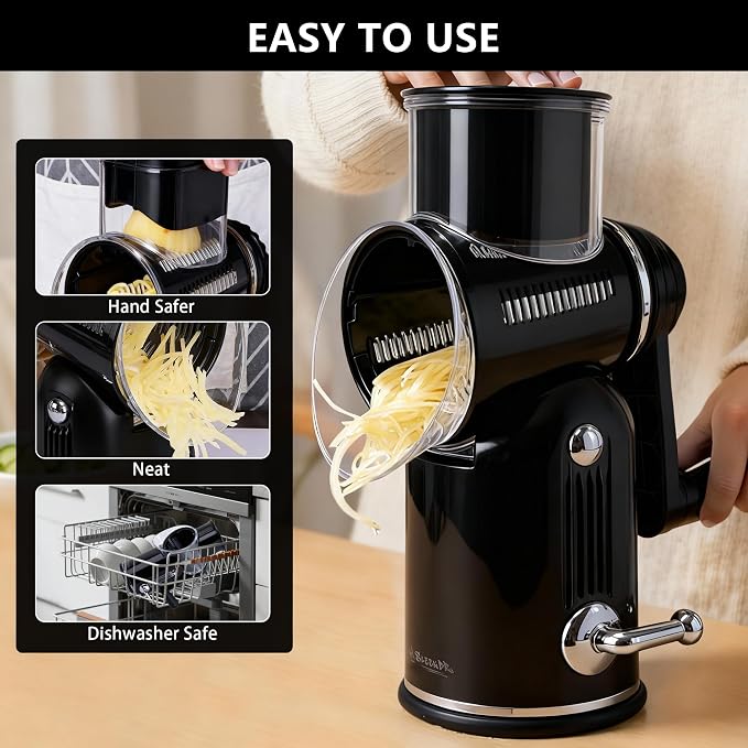 Rotary Cheese Grater with Handle – Includes 5 Stainless Blades and Feature Strong Suction Base – Easy to Clean, Cheese Shredder Hand Crank, Multi-Purpose Slicer (Black)