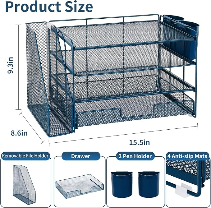 OPNICE Desk Organizer, 4-Tier Desktop File Organizer with Drawer and Pen Holders, Office Desk Accessories, File Sorters, Workspace Organizers for Office Supplies(Dark Blue)