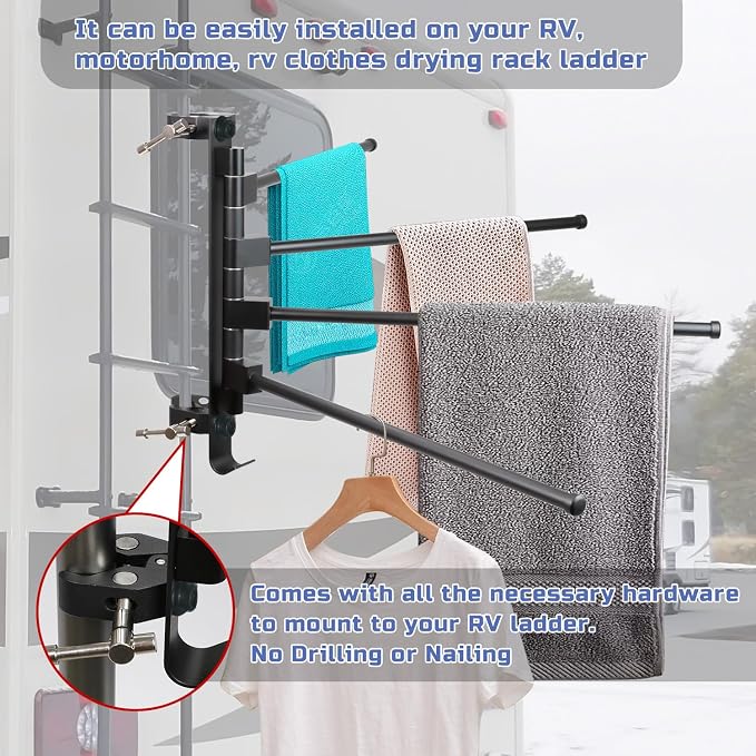 RV Clothes Drying Rack,Aluminum No-Drill 4Arms 304 Steel for RV/Boat/Camper | Aluminum, 304 Stainless Accessories, Rust-Proof. 4 Arms Hold 60lbs. 30s No-Drill Install. Fits Boats, Rvs, Campers, Trailers