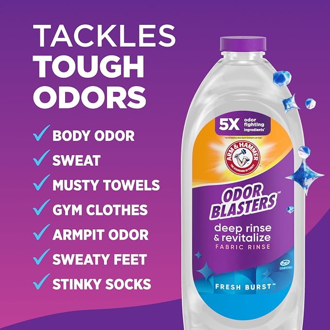 ARM & HAMMER Odor Blasters Fabric Rinse, Fresh Burst Scent, 50 Fl Oz | Deep Rinse and Revitalize, Removes Sweat and Musty Odors, Laundry Additive