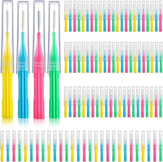 Patelai 100 Count Interdental Brush Set, Soft Braces Cleaner Picks with Cap, Multi Size Teeth Gap Cleaning Tool for Orthodontic Care Bridge Implant Travel Kit(Light Blue, Pink, Yellow, Light Green)