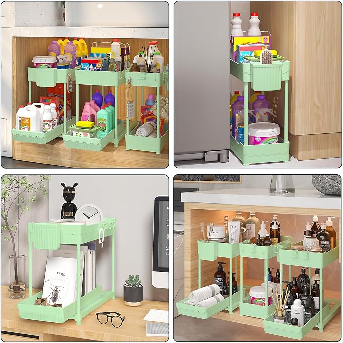 Sevenblue 3-Pack 2-Tier Under Sink Organizers with Sliding Drawers | Multi-use kitchen & bathroom storage, 12.8 inch green cabinet organizer, space-saving sliding drawer design.