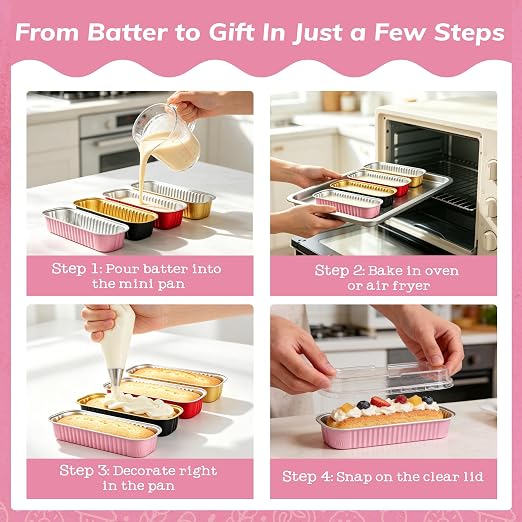 NPLUX Mini Cake Pans with Lids, Spoons and Stickers, 100 Pack 6.8 oz Assorted Color Disposable Aluminum Foil Baking Pans, Rectangular Mini Loaf Containers for Brownies, Cheesecake and Bake Sale