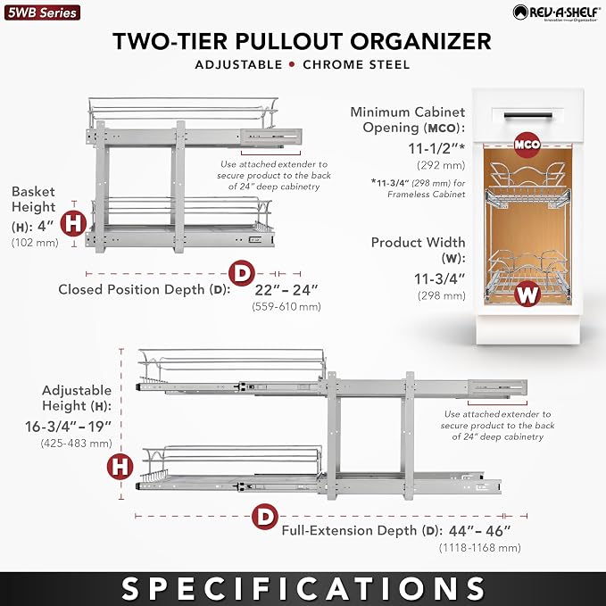 Rev-A-Shelf Pullout Organizer for Cabinets, Min Opening Width of 11.5" | Two-Tier Steel Shelf for Kitchen or Vanity Cabinet Organization, Heavy Gauge Wire Slide Out Storage Basket, 5WB2-1222CR-1