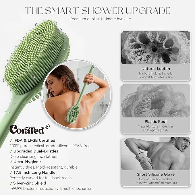CORATED Silicone Back Scrubber for Shower, Exfoliating Body Scrubber with Long Handle, 2‑in‑1 Body Brush for Women & Men Daily Use, Loofah Alternative Bath Accessories