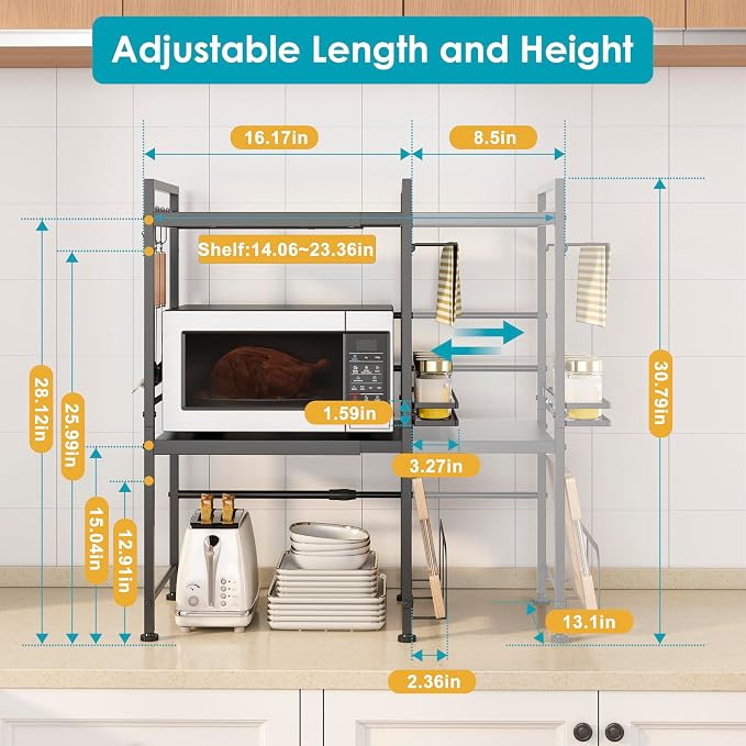 DOLALIKE Microwave Oven Rack, Expandable Microwave Stand Countertop Kitchen Utensils Tableware Storage, Carbon Steel Over Microwave Shelf Countertop with 6 Hooks | Adjustable Microwave Oven Rack Metal Storage Shelf for Pans Small Appliances Kitchen Ute...