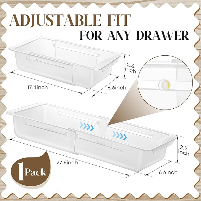 1 Pack Deep Drawer Organizer Bins, Adjustable Sliding Drawer Organizer Bin Expandable Tray for Kitchen Utensils, BBQ Tools, Towels, Durable Plastic Sliding for Easy Storage (17" to 27”)