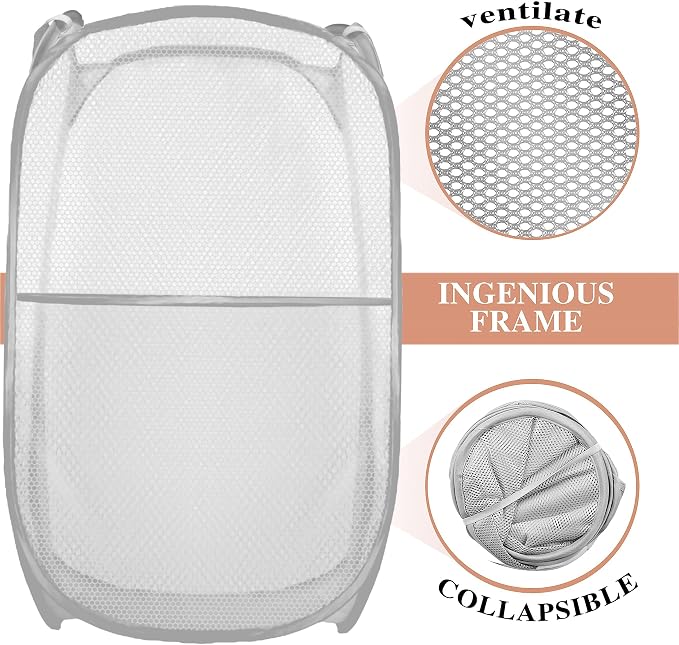 Collapsible Pop Up Laundry Hamper, Extra Large Mesh Foldable Laundry Basket, 28" x 16" x 16" (Grey)