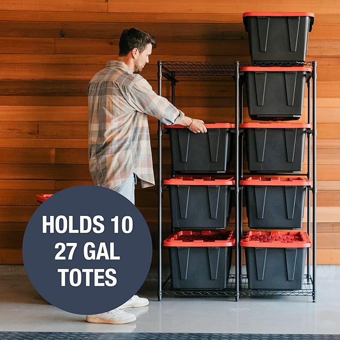 CleverMade Double Tote Tower, 10-Bin Rack for 27-Gallon Totes, Black | Individual rails let 10 totes slide out without unstacking. Powder-coated steel supports 50 lb per shelf and 500 lb total.