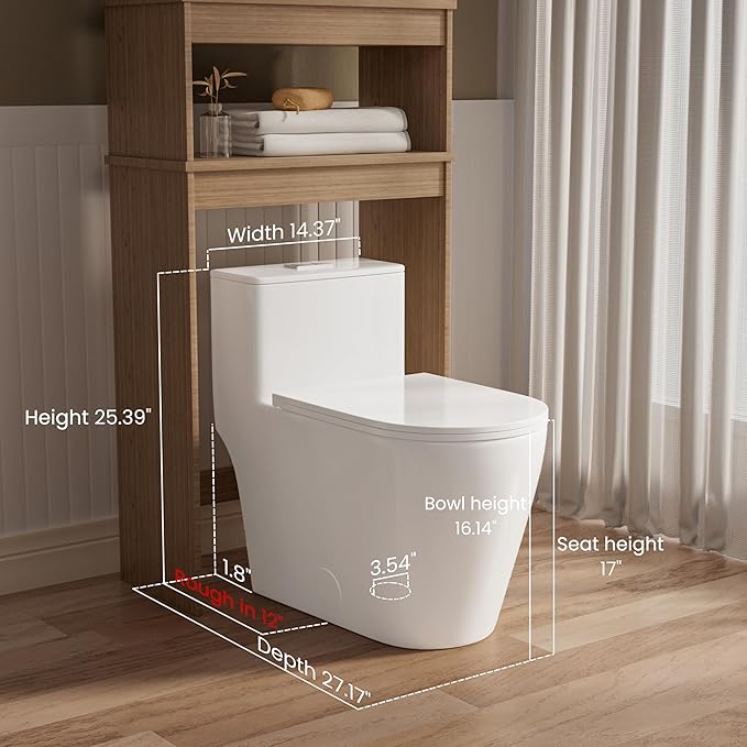Casta Diva Elongated One Piece Toilet with 17" ADA Comfort Chair Height Seat Compact Toilet for Bathroom Dual Flush 1.1/1.6GPF, 12'' Rough-in, High Efficiency Flush, Standard White Bowl