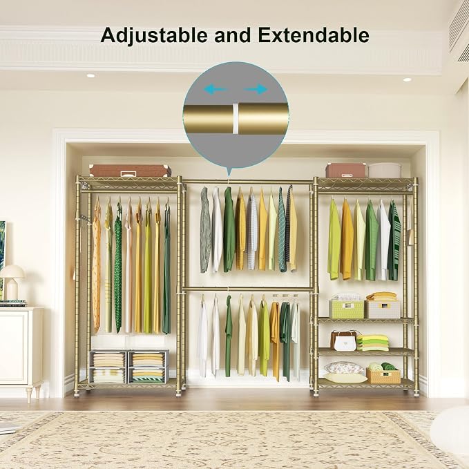 Ulif E1 Heavy Duty Closet Garment Rack, 6 Tiers Adjustable Metal Freestanding Expandable Clothing Storage with 4 Hanger Rods, Easy to Assemble Wardrobe, 71.4" H x (70" - 88.2") L x 14" D, Gold