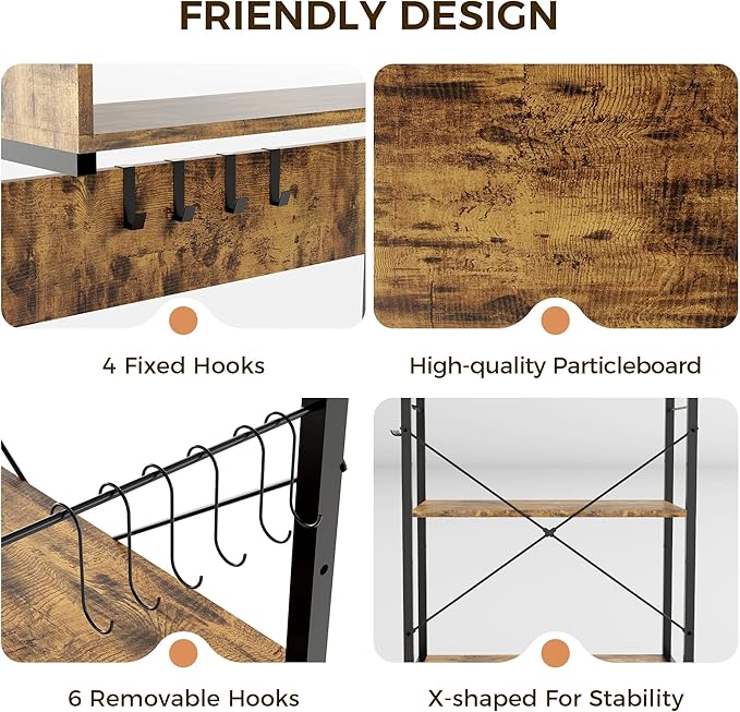 Baker's Rack for Kitchen with Outlet, Microwave Stand with Adjustable Shelves and 10 s Hooks, 6-Tier Coffee Bar Station with Storage, Kitchen Shelves for Spices, Pots