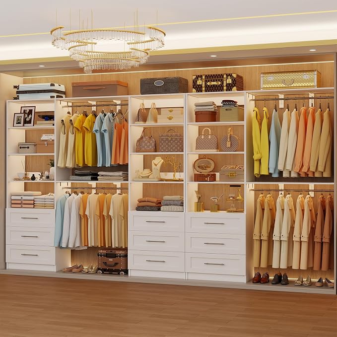 Closet System with 9 Drawers, 9-17FT Custom Closet Organizer System Wood with 9 Hanging Rods & Adjustable Shelves, Walk in Closet Organizer Shelving System, Modular Closet Systems Kits, 3 Sets, White