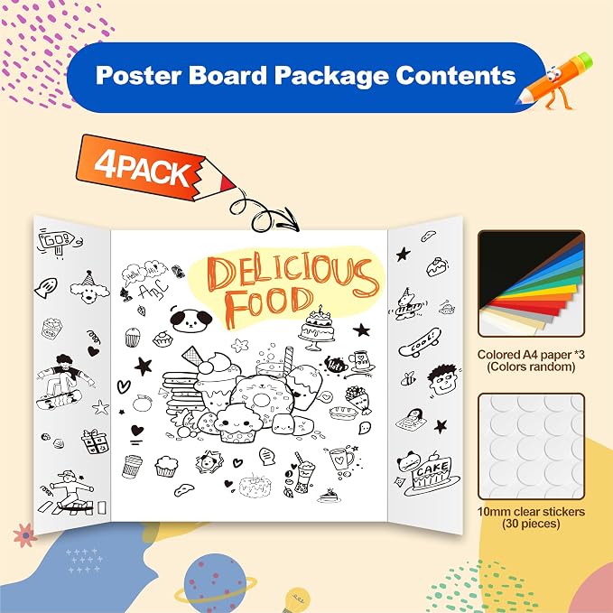 4 Pcs Trifold Poster Board, 21.5x14 inches Small White Poster Board Comes with Sticky Accessories, Corrugated Presentation Boards, Display Board for School Projects, Business Presentations