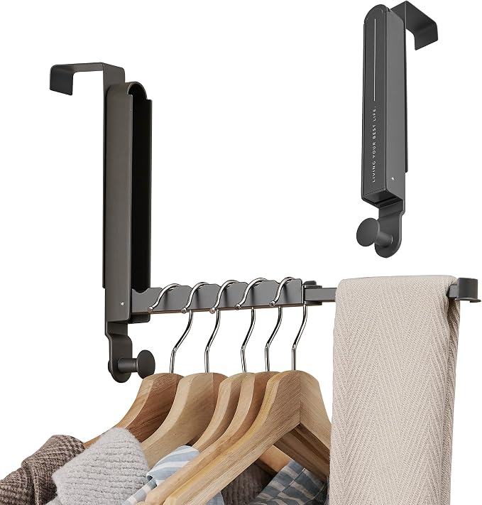RFOUO Over The Door Hooks Hanger,Fit Door up to 1 3/4",Space Grey,2 Pack | Aluminum,Retractable Rod, Space-Saving, Foldable Over The Door Drying Rack,No drilling, For Laundry Bathroom Bedroom Travel