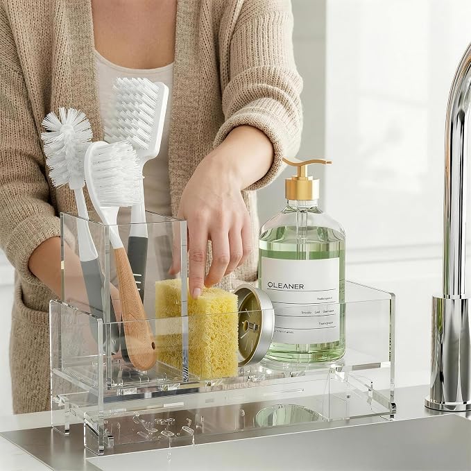 Clear Acrylic Kitchen Sink Caddy Organizer, Auto Drain Sponge Holder | Holds high brush & dish soap dispenser. Countertop storage essentials keep your sink dry, rustproof & easy to clean.