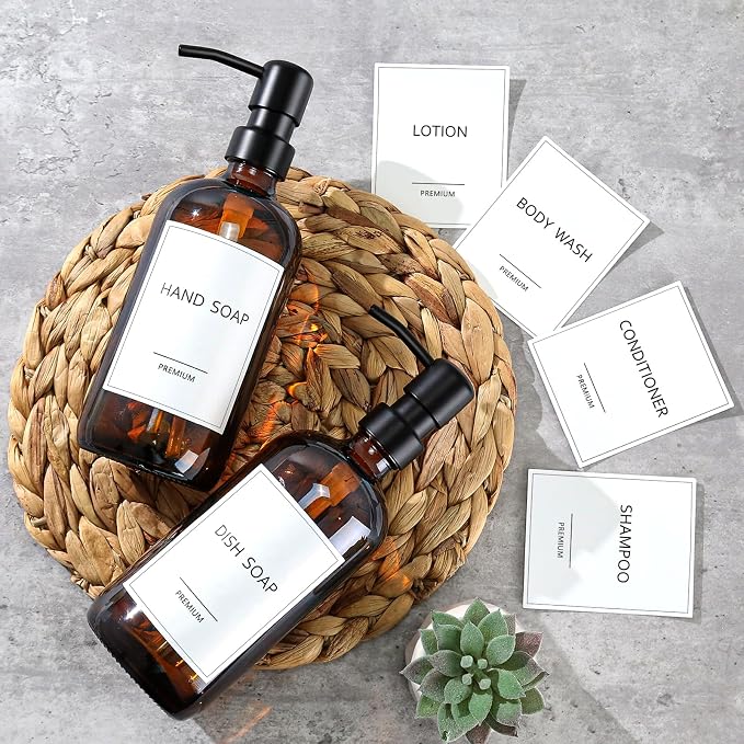 GMISUN Amber Glass Soap Dispenser, 8 Pack Bathroom Hand Soap Dispensers | 17 Fl Oz Kitchen Hand and Dish Soap Dispenser Set with Stainless Steel Pump, Modern Vintage Liquid Brown Soap Bottle