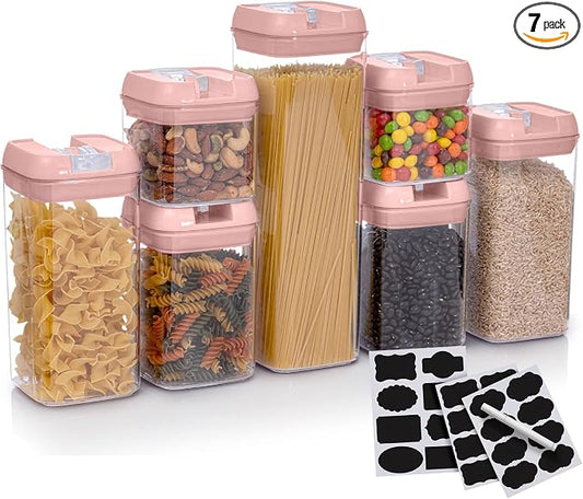 Set of 7 Airtight Food Storage Containers - Pantry Organizer Bins, BPA Free Plastic Containers plus Dry Erase Marker and Labels, Pink
