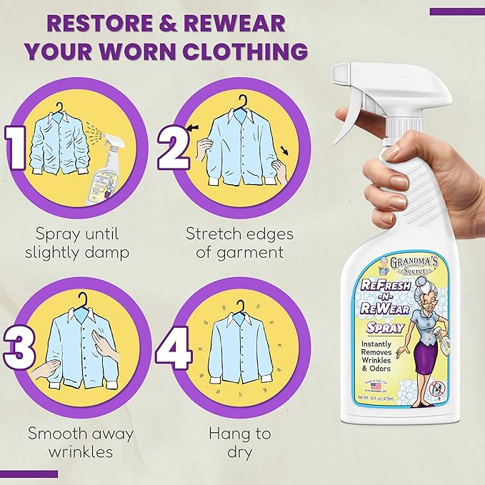 Grandma's Secret ReFresh N ReWear Spray - Instantly Removes Wrinkles & Odors - Wrinkle Release, Fabric Refresher Spray, Chlorine, Bleach and Toxin-Free - 16 Ounce
